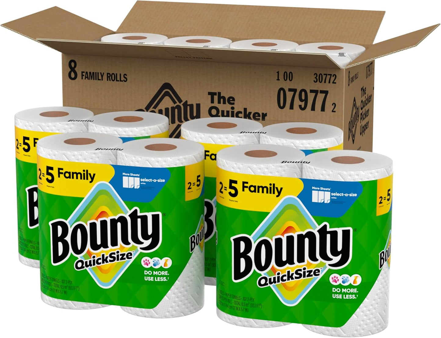 Bounty Quick Size Paper Towels, White, 8 Family Rolls = 20 Regular Rolls (Packaging May Vary)