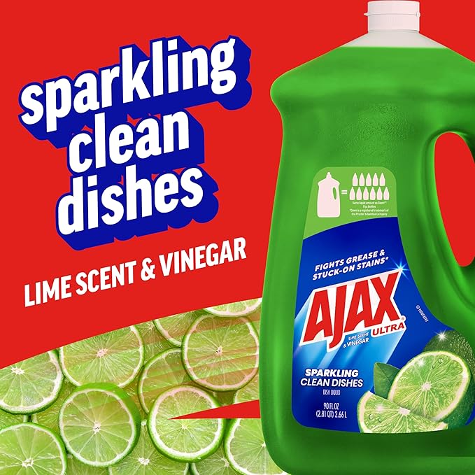 Ajax Ultra Liquid Dish Soap Vinegar and Lime Scent, Sparkling Clean Dishes, 90 fl oz Bottle