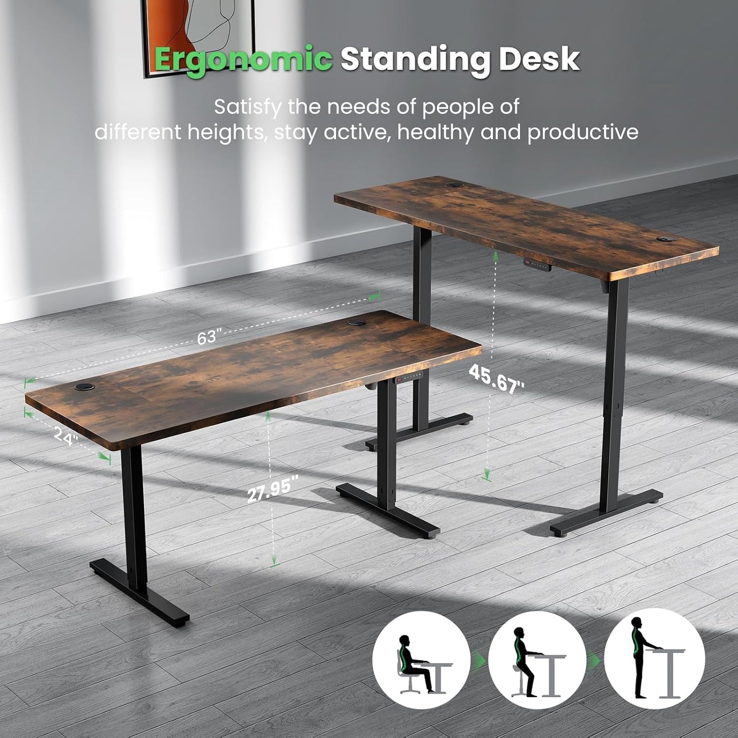 SIAGO Electric Standing Desk Adjustable - 63 x 24 Inch Sit Stand up Desk with Cable Management - 3 Memory Preset Adjustable Height Table