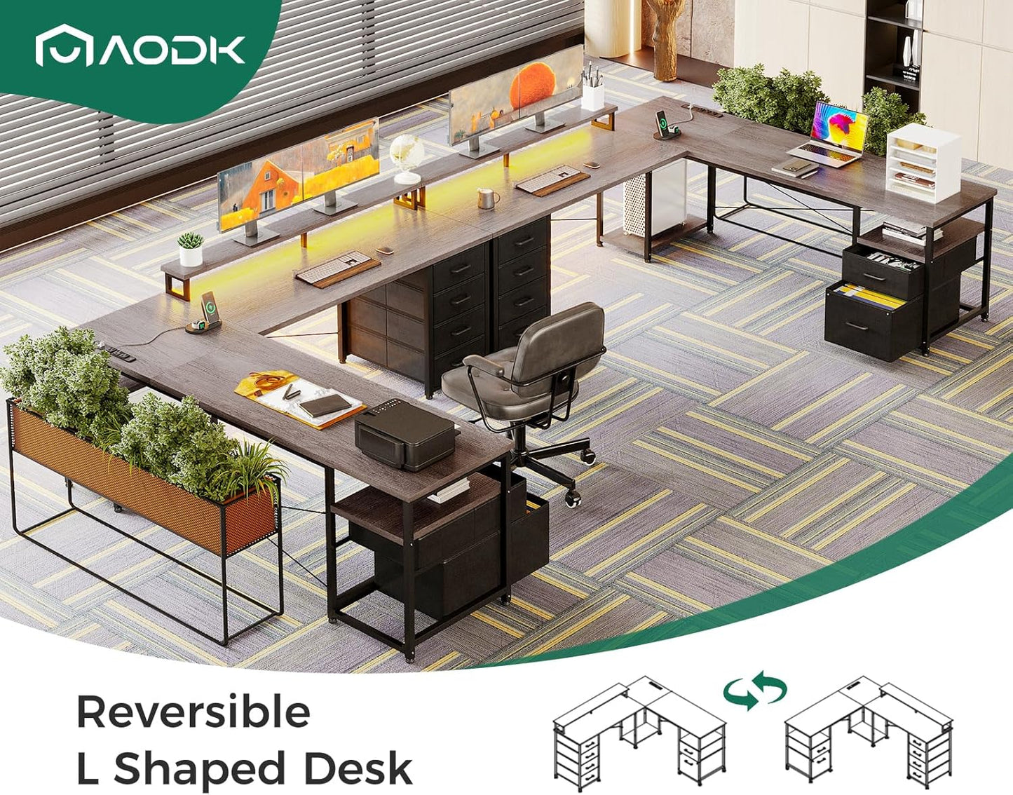 AODK 66" L Shaped Desk, 113" Computer Desk with File Cabinet & 4 Fabric Drawers, Home Office Desk with Monitor Shelf & Power Outlet, Two Person Desk or Corner Desk, Gaming Table with LED Light, Grey