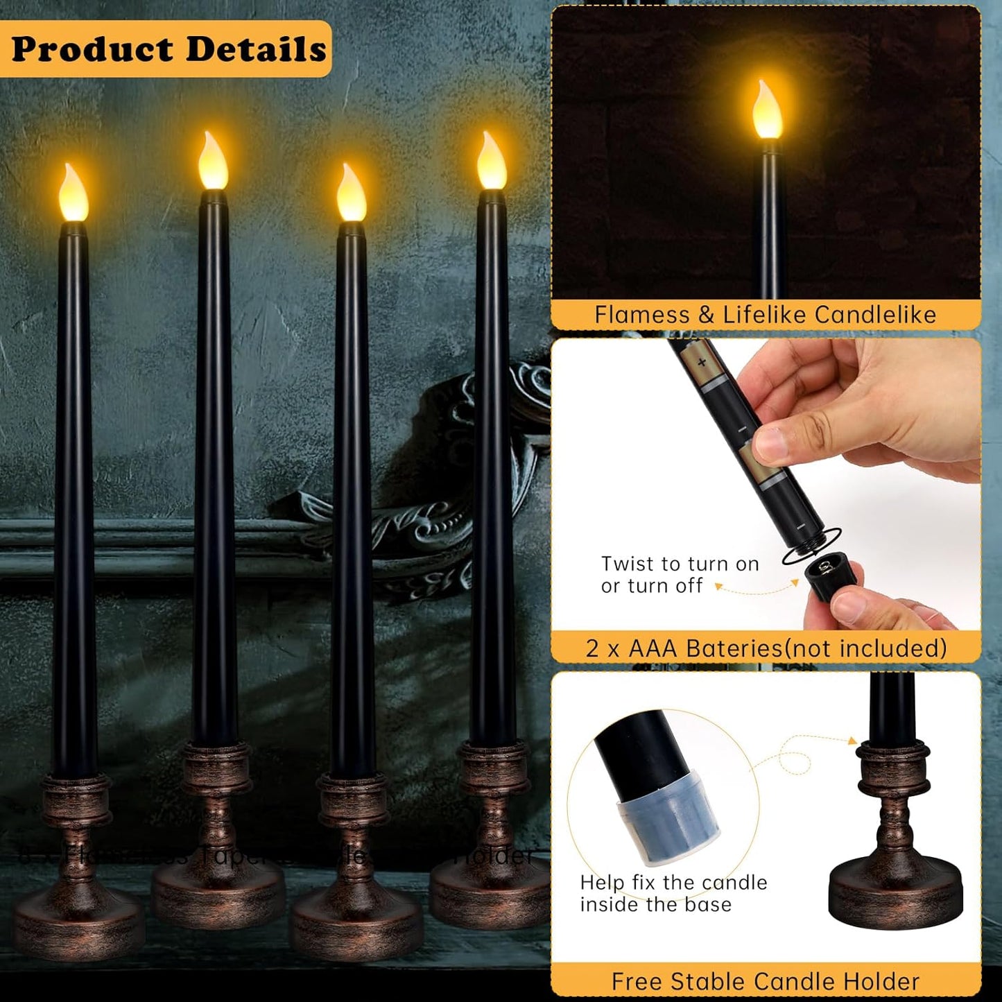 YUNVI Sets of 8 Black Halloween Candles,Flameless Taper Candles with Base,LEDs Candlesticks,Plastic Flickering Flameless Candles for Halloween Fireplace
