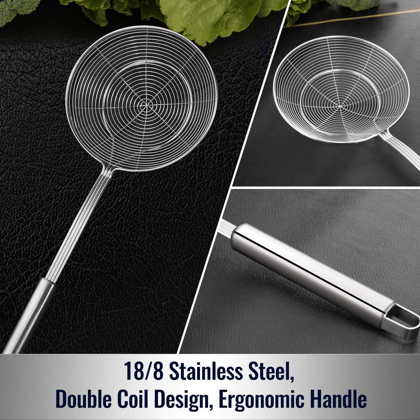 Hiware Solid Stainless Steel Spider Strainer Skimmer Ladle for Cooking and Frying, Kitchen Utensils Wire Strainer Pasta Spoon, 5.4 Inch