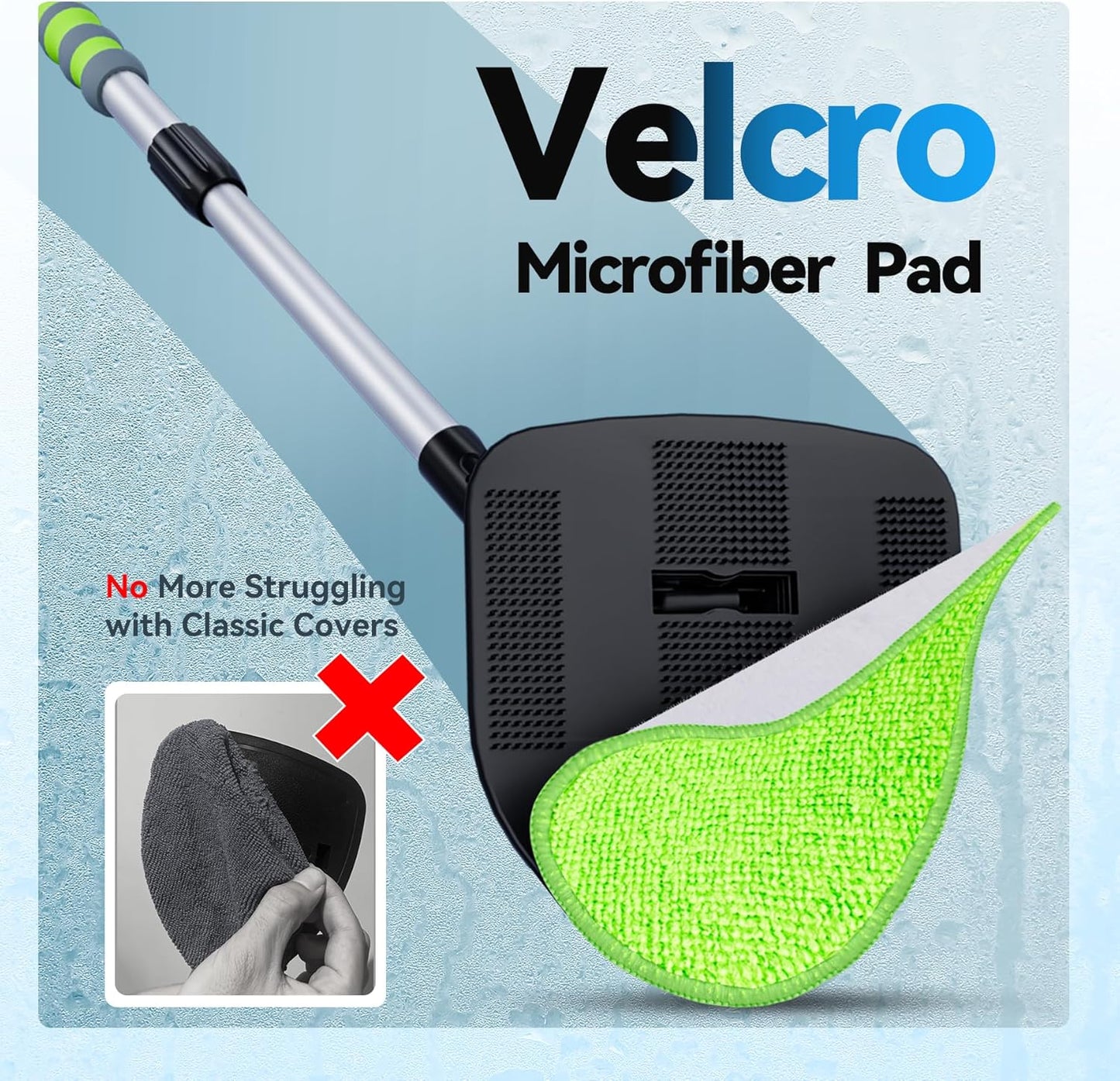 XINDELL Windshield Cleaner Tool – 360° Rotating Head with Extendable Handle, Velcro Microfiber Pads for Fast Stick & Peel, Dry/Wet Glass Cleaning for Cars, SUVs, Trucks & Home