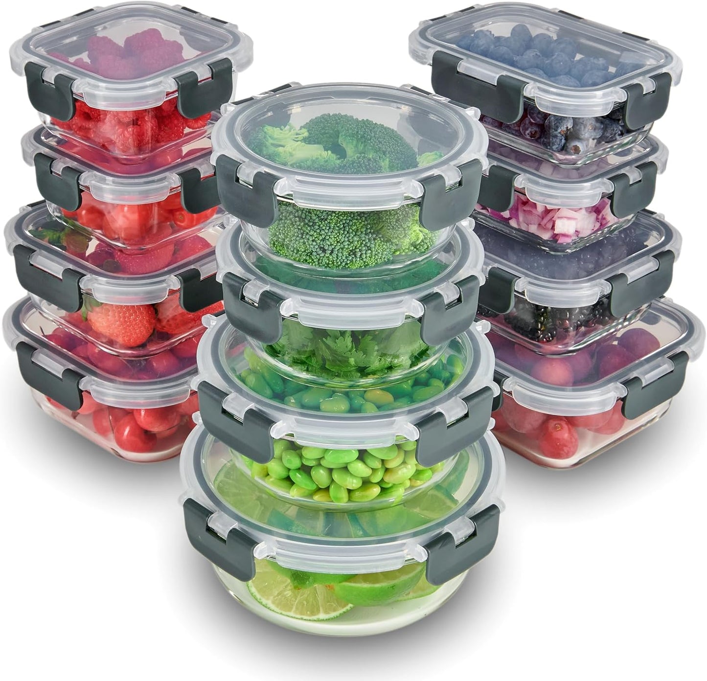 FineDine Airtight Glass Storage Containers with Hinged Locking Lid BPA Free for Meal Prep/Moving/Freezer/Oven