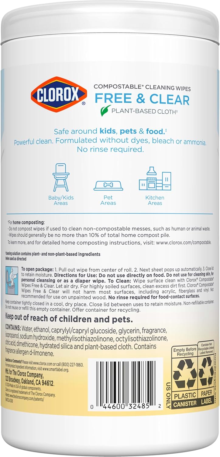 Clorox Free & Clear Compostable Cleaning Wipes, Light Lemon Scent, 75 Count, Pack of 3 (Pack May Vary)