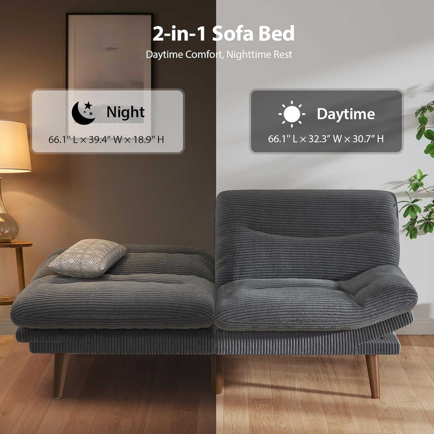 Pipishell Convertible Futon Sofa Bed,66" Corduroy Futon Couch with Adjustable Backrest and Armrests, Recliner Sleeper Sofa for Small Spaces, Play Room or Office, Grey