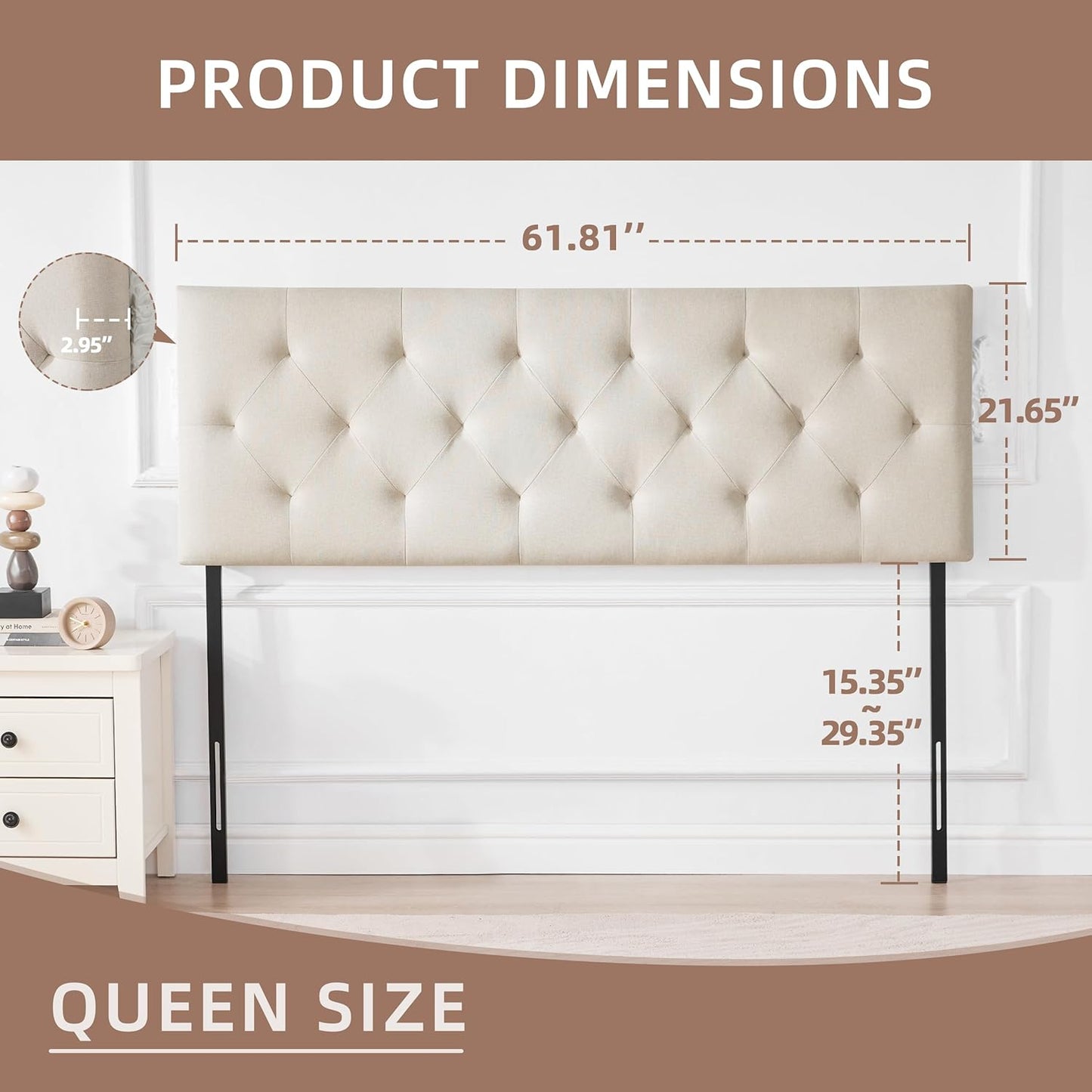 Linen Fabric Upholstered Headboard Queen Size, Modern Diamond Tufting Solid Wood Queen Headboard Only, Adjustable Height from 37” to 51” Head Board, Bed Frame or Wall Mount Headboards, Beige
