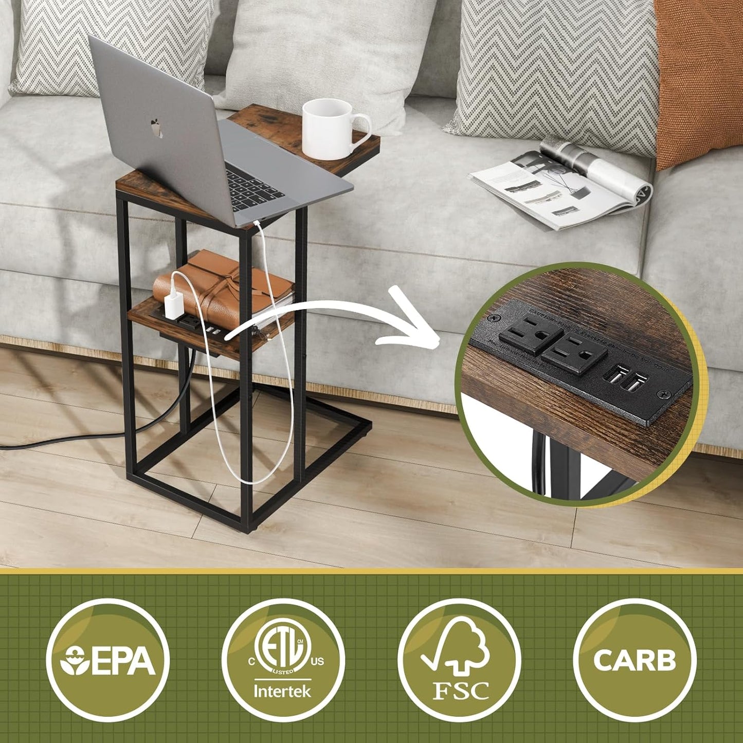 Yoobure C Shaped End Table with Charging Station, Small Side Table for Sofa๏ผ26" Tall Tv Tray Couch Table with Storage,Bedside Table with USB Ports and Outlets for Living Room, Bedroom, Rustic Brown