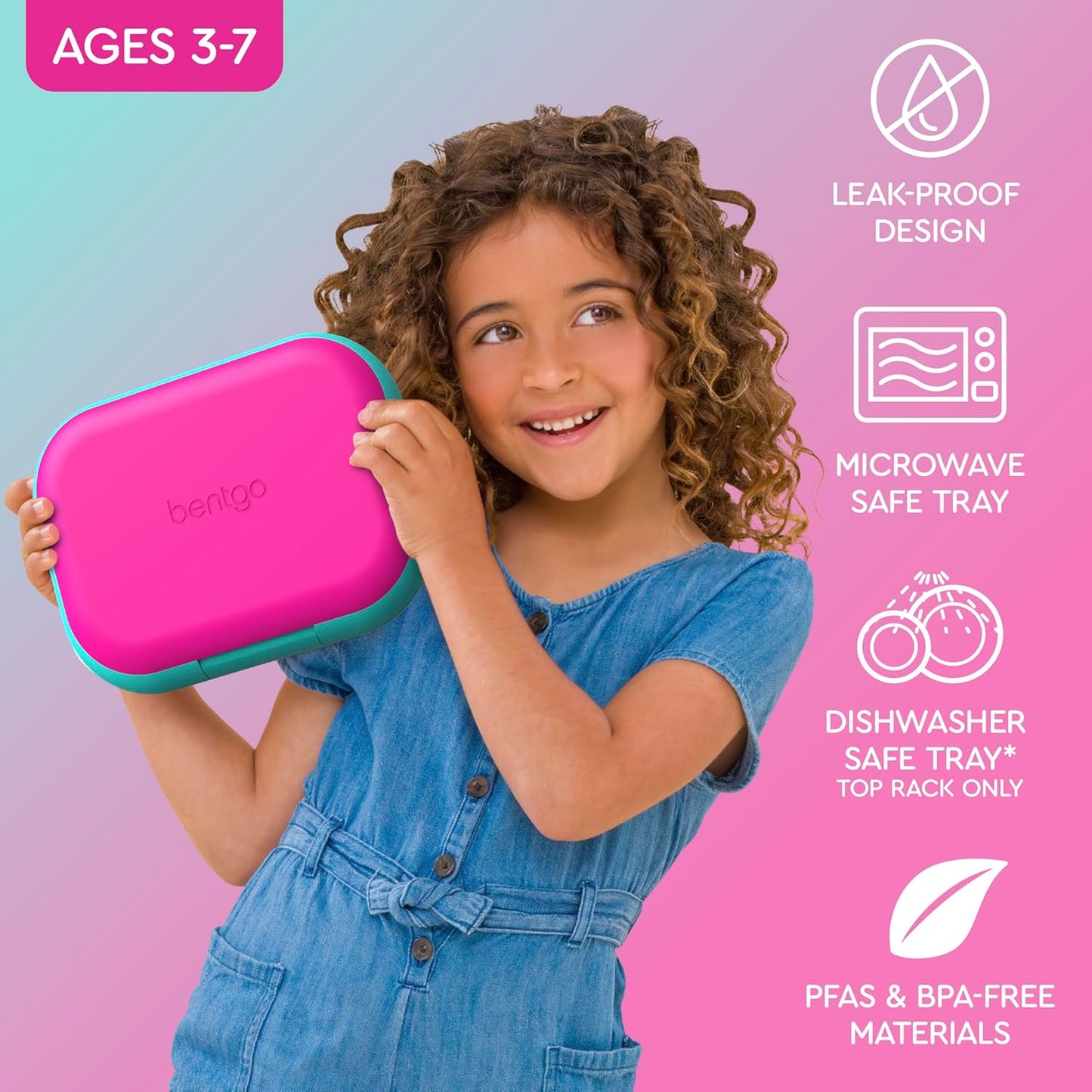 Bentgo Chill Kids Leak-Proof Lunch Box - 4-Compartment Bento Box with Built-In Ice Pack, 3.3 Cup Capacity, PFAS & BPA-Free, Microwave & Dishwasher Safe, Ideal Size for Ages 3 to 7 (Fuchsia/Teal)