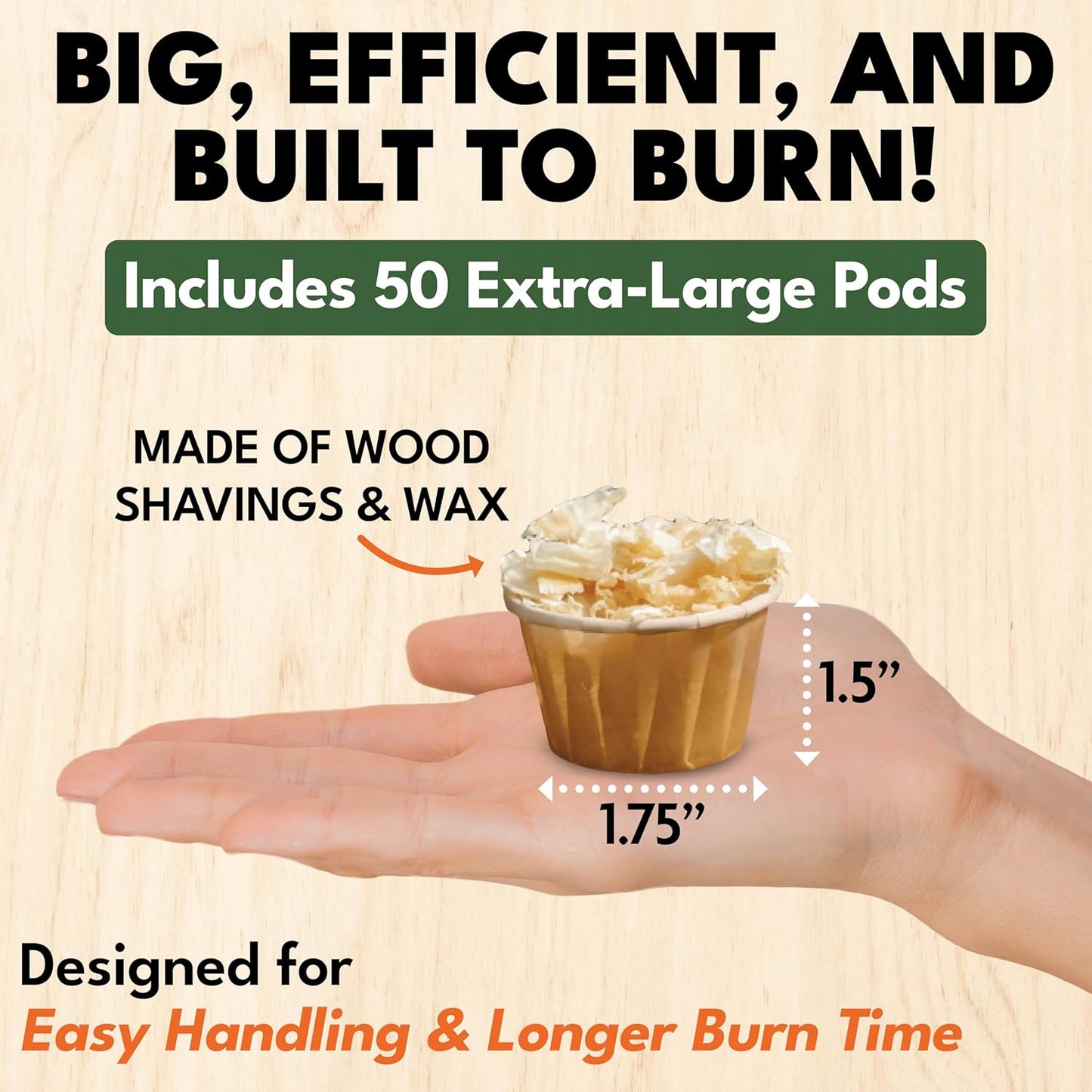 Superior Trading Fire Starter Pods in Plastic Bucket - Fire Starters for Campfires, BBQ, Grill, Pit, Wood Stove & Charcoal Starter, 15-20-Min Burn, 50 Extra Large Pods, USA Made, Brown, 3 Lbs