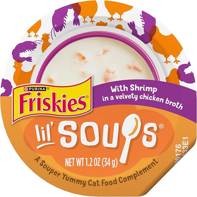 Purina Friskies Grain Free Lickable Cat Food Toppers Lil’ Soups With Shrimp in a Velvety Chicken Broth - (Pack of 8) 1.2 oz. Cups
