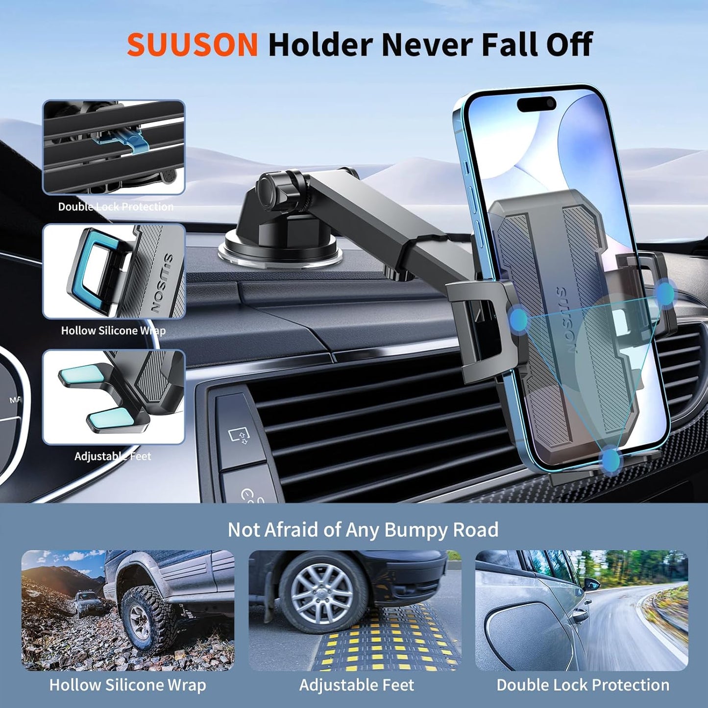 Upgraded 3-in-1 Car Phone Holder Mount Powerful Suction Phone Mount for Car Dashboard Air Vent Windshield,for All iPhone Android Phone (Black)