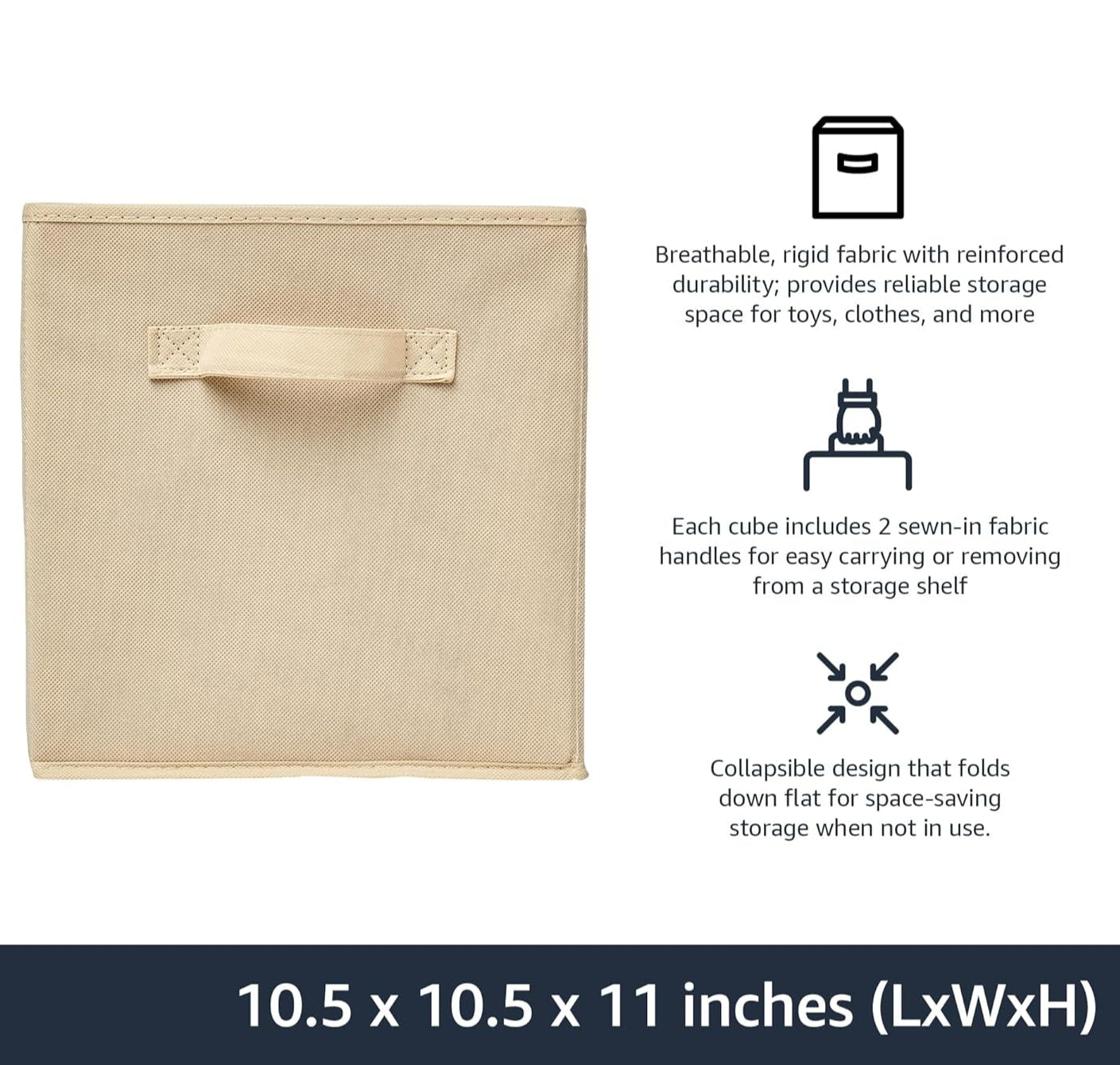 Basics 6-Pack Collapsible Fabric Storage Cubes with Handles – Durable Cloth Bins for Closet, Shelf, or Cube Organizer, Beige
