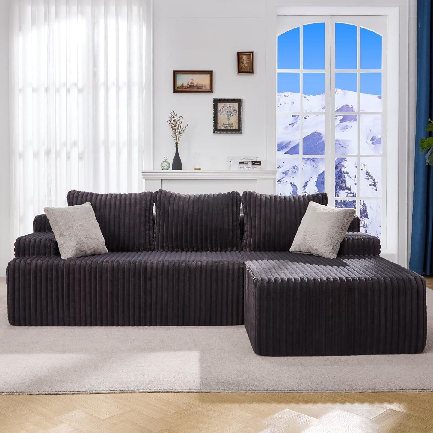 Modular Sectional Sofa Couches L-Shape Couch 3 Seat Modular Sofa Memory Foam Sectional Couches for Living Room, Cloud Couch with Oversized Chaise (Grey Stripe, 96" Right Facing Chaise) | modular