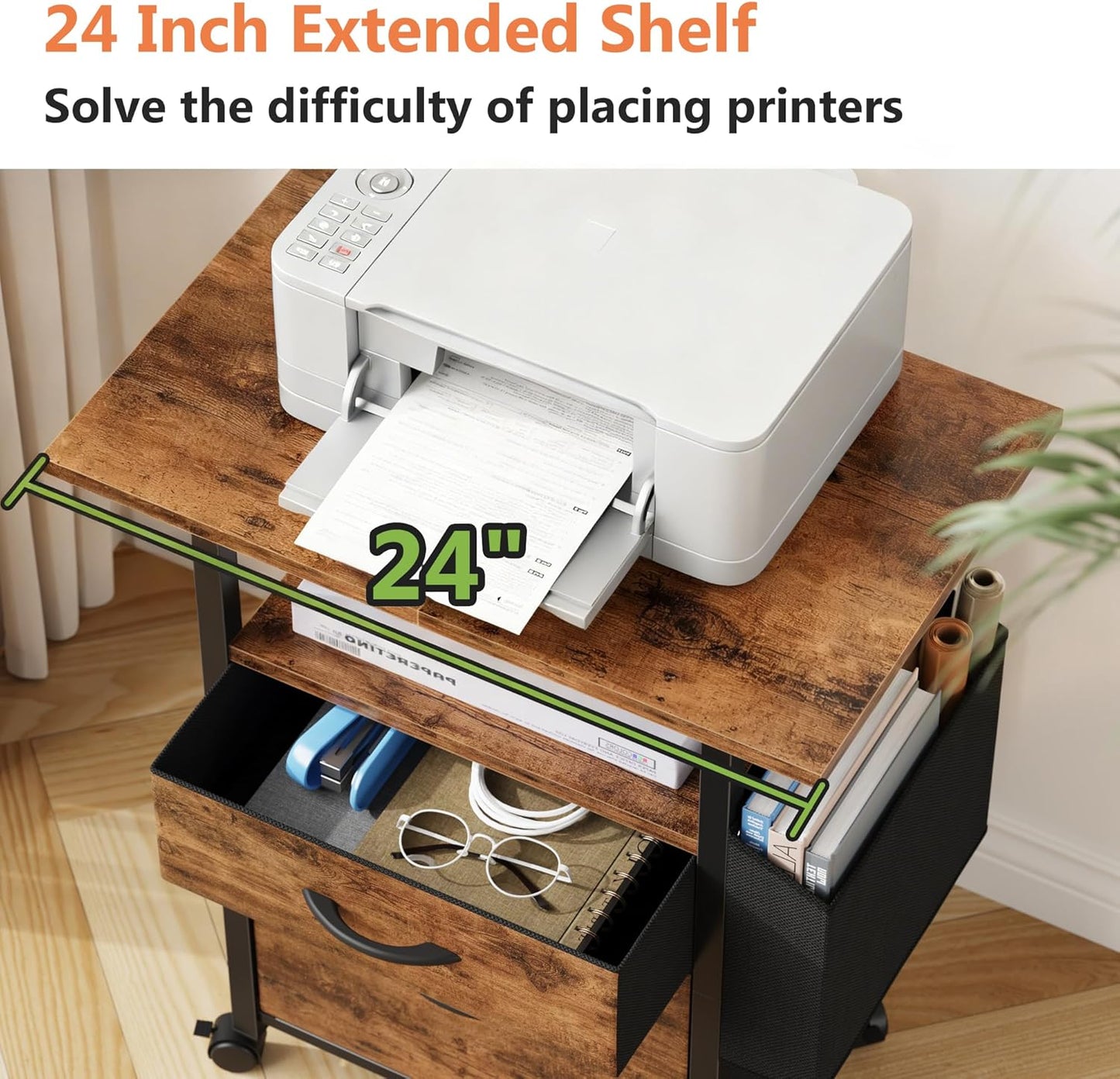 GYIIYUO 2 Drawer File Cabinet with 24'' Extended Desktop, Mobile Filing Cabinet, Rolling File Cabinet with Side Bag, Fabric Drawer, Fits A4/Letter Size, Printer Stand Home Office, Light Brown