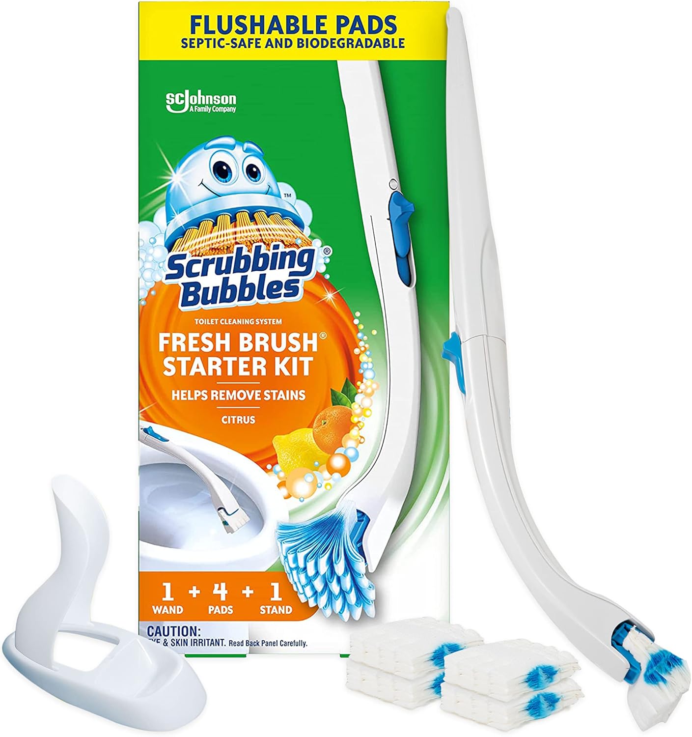 Scrubbing Bubbles Toilet Bowl Brush and Holder with Cleaner Refill Pads, Fresh Brush Toilet Wand Starter Kit, Cleans Limescale & Fights Odors, Citrus Scent, 1 Wand + 4 Refills + 1 Stand