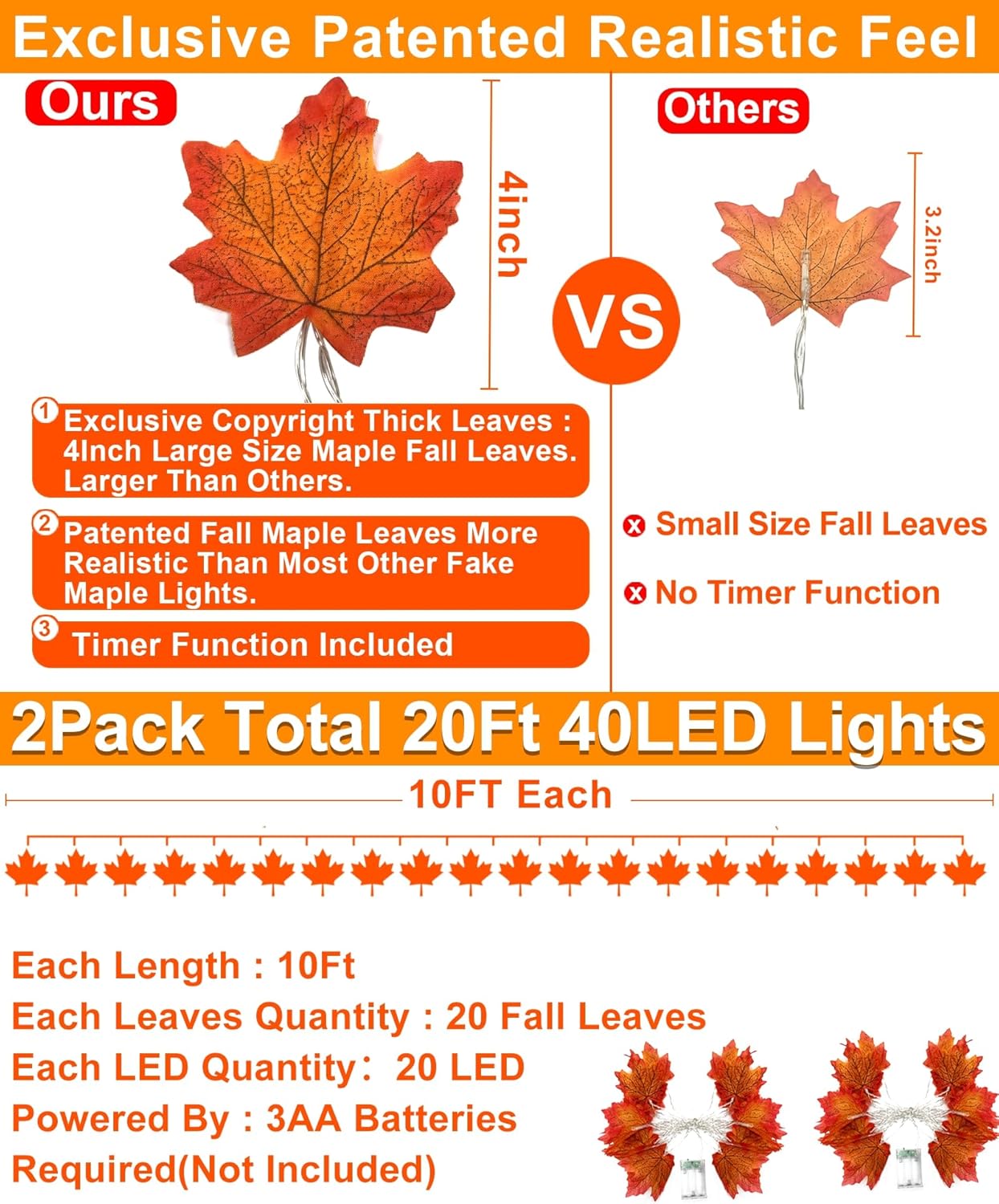 TURNMEON 2 Pack Fall Decor Enlarged Maples Leafed Lights Total 20Ft 40LED Thanksgiving Halloween Fall Decorations for Home,Battery Operated Autumn Garland Waterproof Indoor Outdoor Holiday Christmas