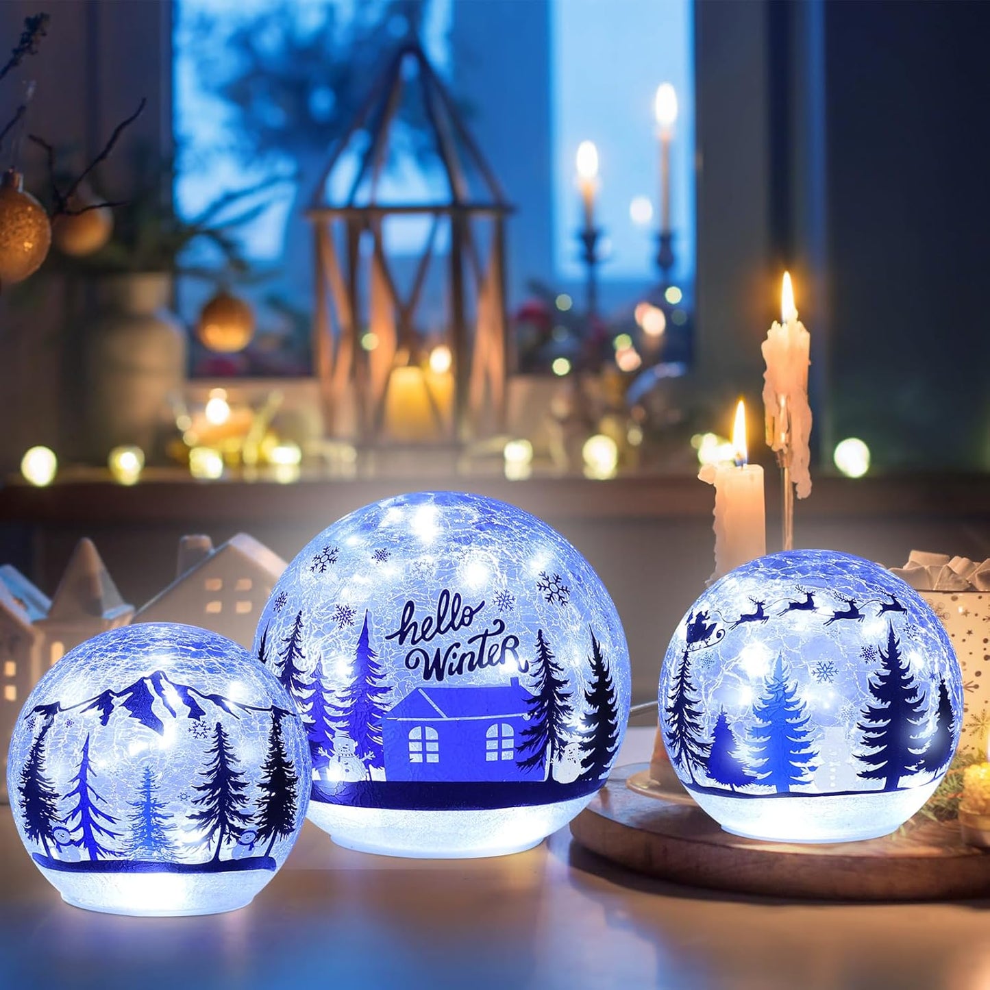 YEAHOME Christmas Decorations Indoor, Set of 3 Crackle Glass Ball with LED Lights Christmas Tree Snowman, Christmas Table Decorations Hello Winter Globes with Timer for Home Mantel Fireplace Decor