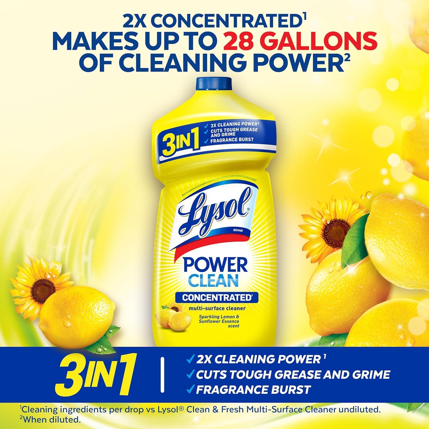 Lysol Power Clean Multi-Surface Cleaner, 2x Concentrated Pour, Sparkling Lemon & Sunflower Essence scent, 28 Fl Oz