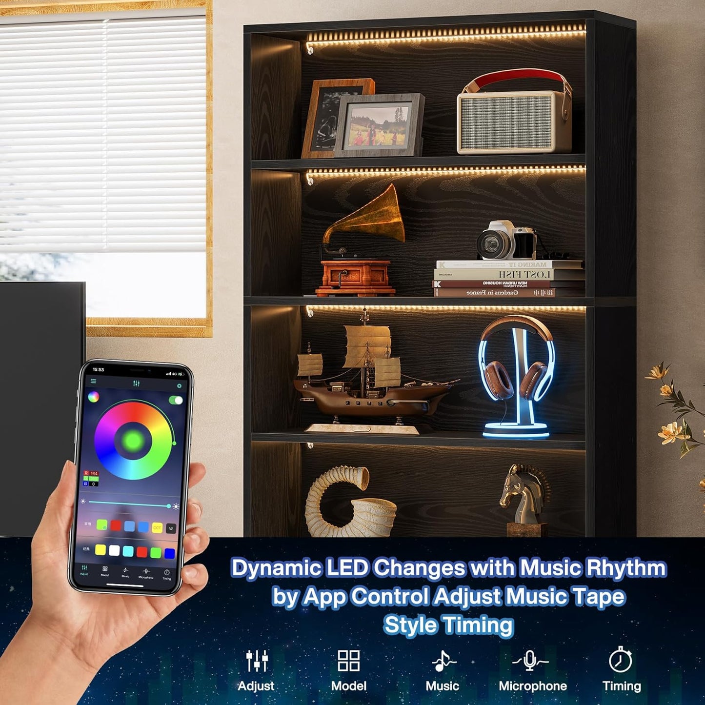 Tribesigns Tall Bookcase Black Bookshelf, 70.8” Large Bookcases Organizer with LED Lights, Heavy Duty Free-Standing Library Bookshelf with 5-Tier Storage Shelves for Living Room, Bedroom (Black)