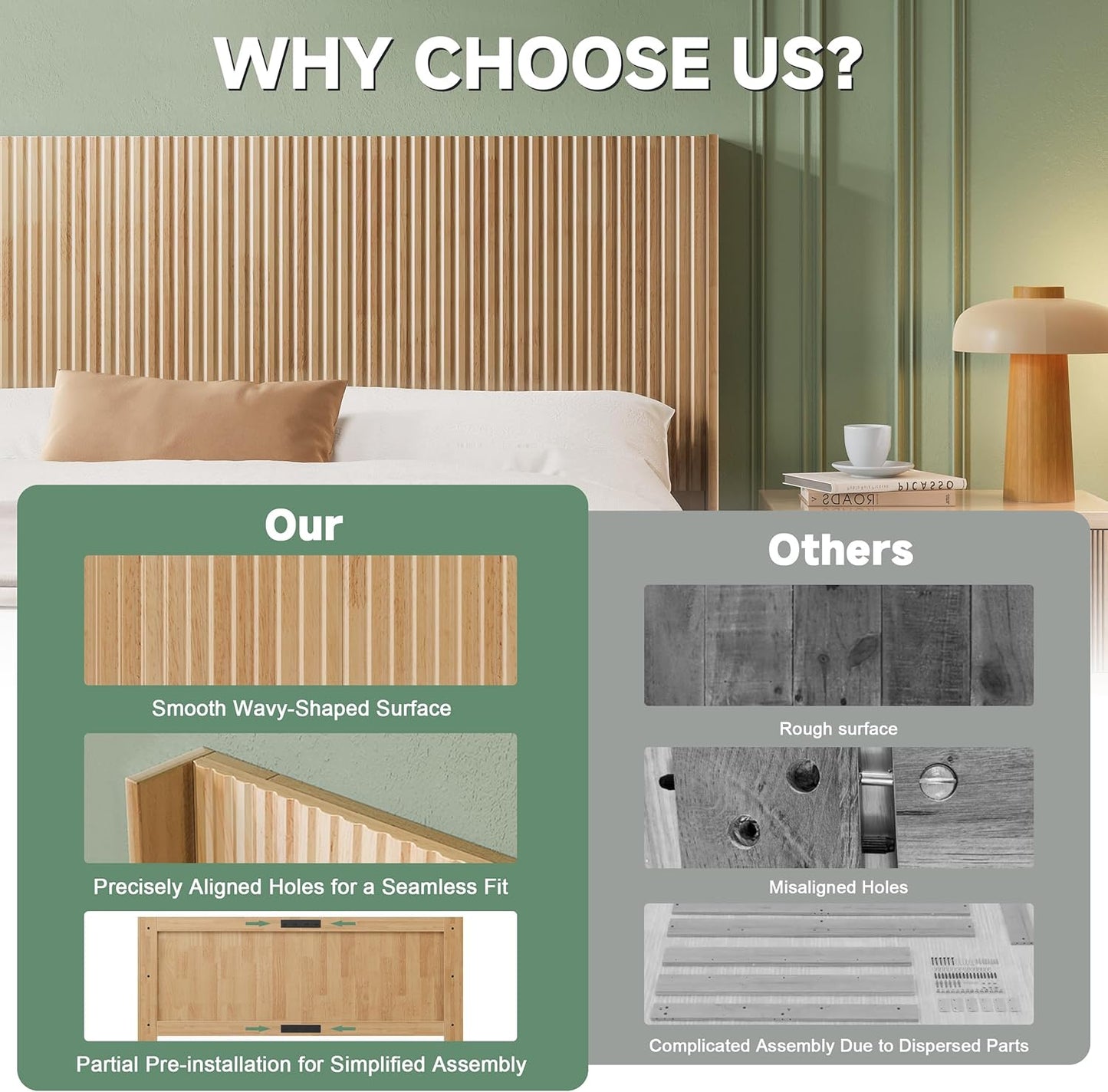 Wood Headboard Queen Size, 64.6" Wide Wooden Queen Headboard Only, Modern Farmhouse Headboards, Wall Mounted Fluted Panel, Wingback Boho Headboards, Natural