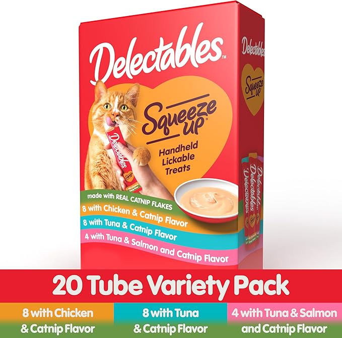Delectables Squeeze Up Catnip Variety Pack, Creamy Squeezable Puree, Lickable Wet Cat Treats, Grain Free, No Added Fillers, No by-Products, No Added Preservatives, 0.5 Ounces Tube, 20 Tubes Total