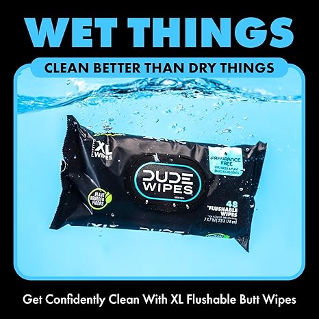 DUDE Wipes - Flushable Wipes - 6 Pack, 288 Wipes - Unscented Extra-Large Adult Wet Wipes - Vitamin-E & Aloe - Septic and Sewer Safe