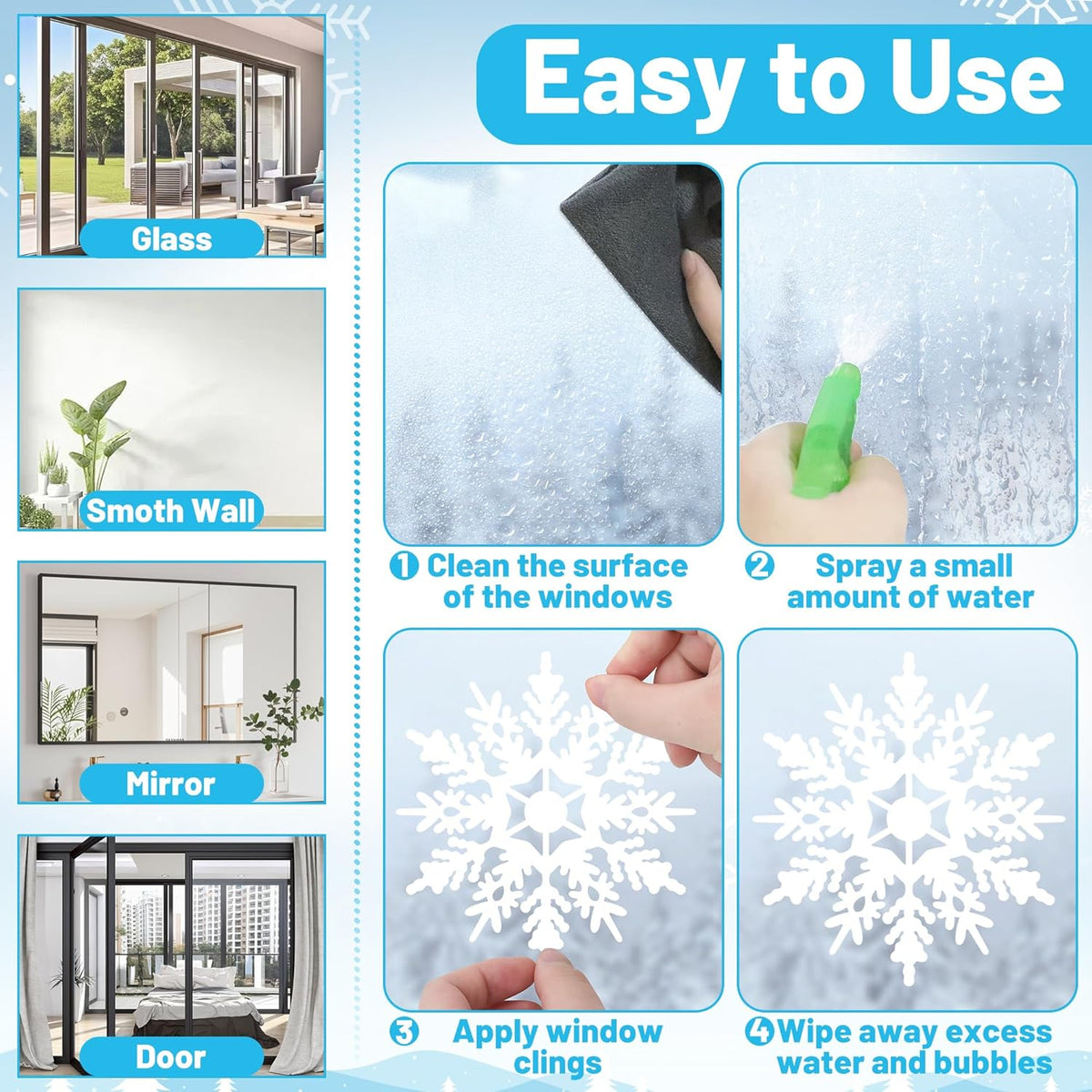 116PCS Christmas Decorations, 9 Sheets Christmas Window Clings, Snowflake Window Clings Decals, Double Sided Xmas Snowflake Decal Stickers for Winter Holiday Home Indoor Decorations Decor Supplies