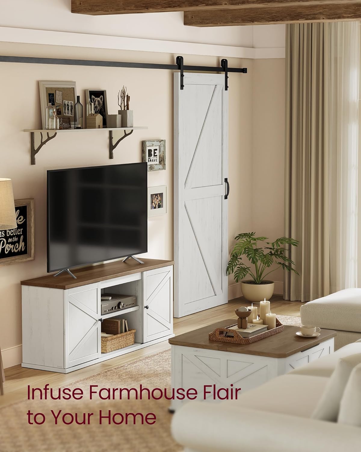 VASAGLE Farmhouse TV Stand for TVs up to 65 Inches, Entertainment Center with Storage Cabinets and Sliding Barn Doors, Media Console Table for Living Room, Rustic White and Honey Brown ULTV535W01