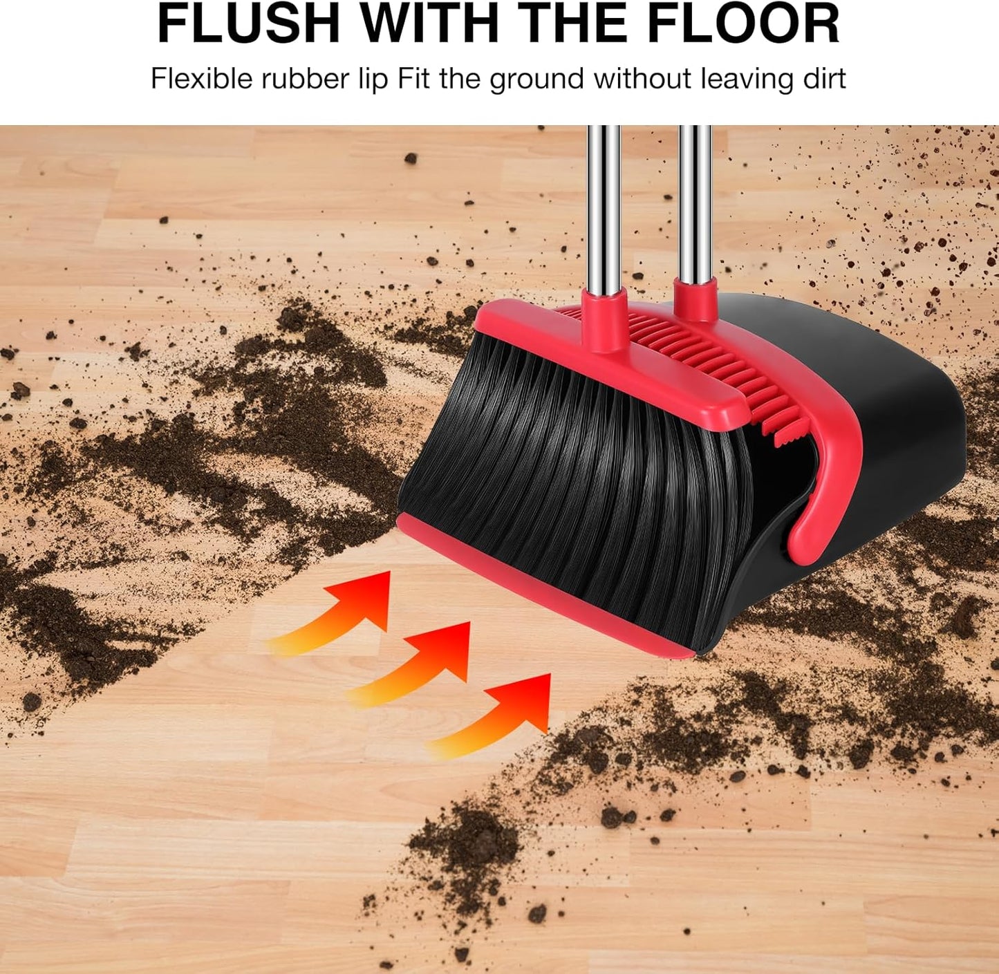 NACENA Broom and Dustpan Set, 52-in Long Adjustable Handle Broom Dustpan Combo with Dustpan Teeth to Automatically Clean Hair Suitable for Home Kitchen Office Hall Floor(Black&Red)