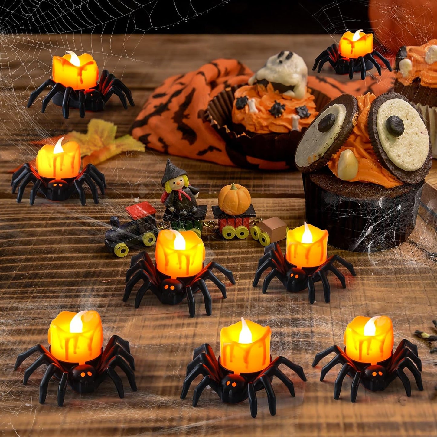 12 Packs Halloween Spider Lights,Bright Novelty LED Flameless Spider Candle Tea Lights,Battery Operated Orange Halloween Decor Lights for Halloween Holiday Party Home Spooky Decor