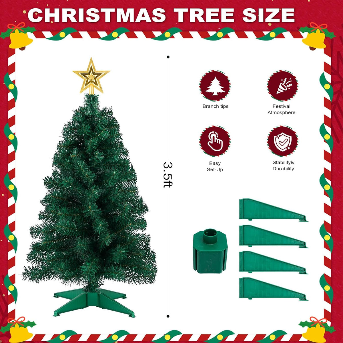 3ft Artificial Christmas Tree with Gold Tree Topper Star, Mini Xmas Pine Tree with 4-Leg Stable Plastic Base, Small Tabletop Christmas Decoration for Home Office Holiday Party Indoor Use