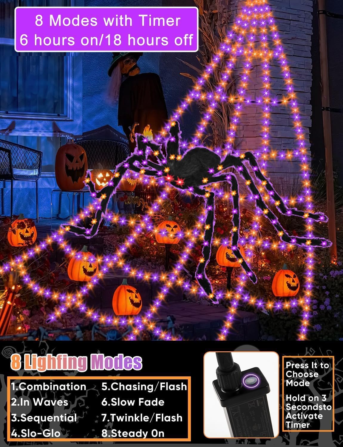 Spider Webs Halloween Decorations Lights - 550 LEDs Outdoor Giant Halloween Decor Lights with16.4ft,4ft Spider,8 Modes,Waterproof&Timer for Yard Porch Garden,Outside Party (with Spider)