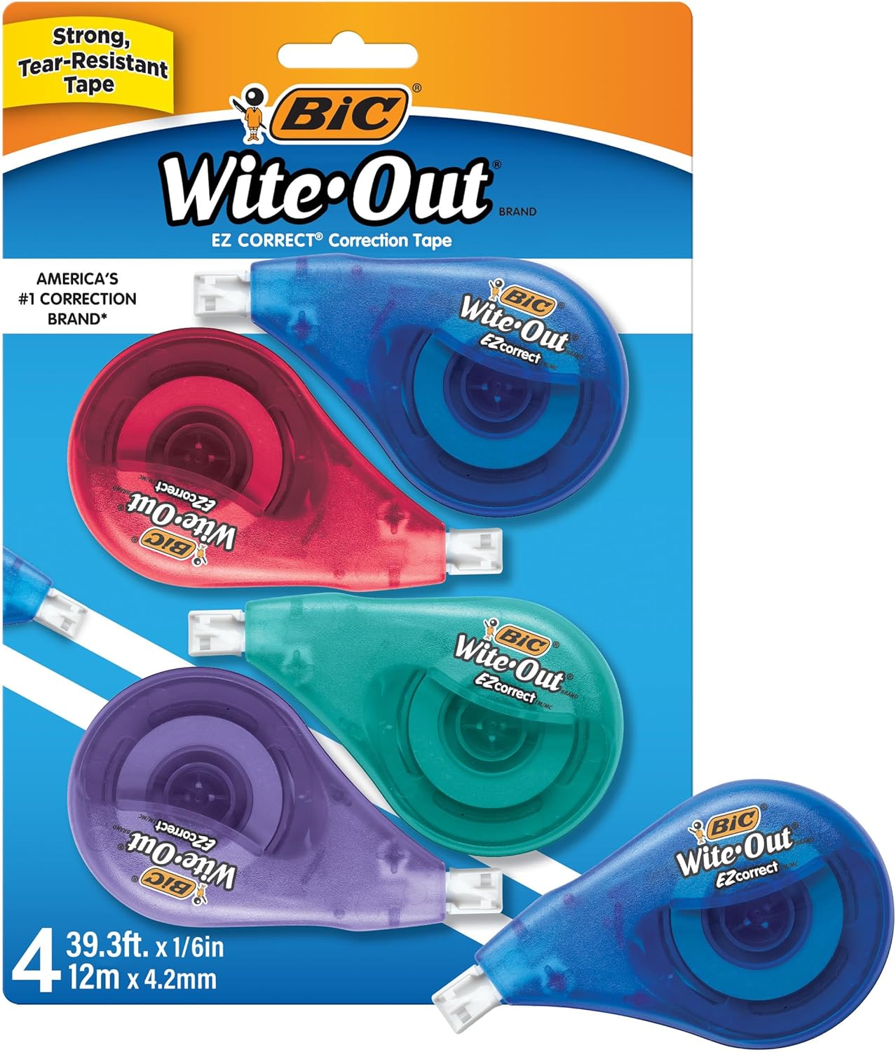 BIC Wite-Out Brand EZ Correct Correction Tape, 19.8 Feet, 4-Count Pack of White Correction Tape, Fast, Clean and Easy to Use Tear-Resistant Tape Office or School Supplies