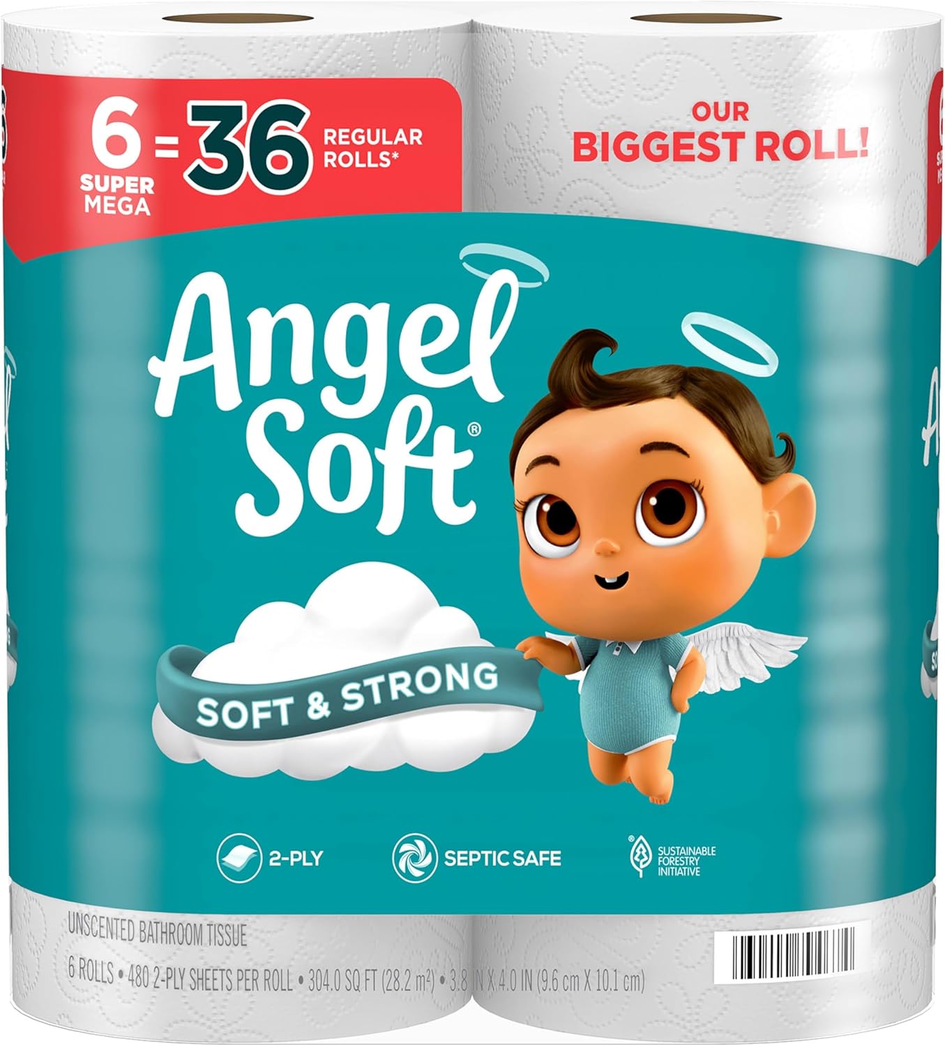 Angel Soft Toilet Paper, 6 Super Mega Rolls = 36 Regular Rolls, Soft and Strong Toilet Tissue