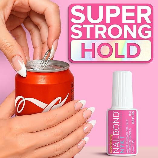 Super Strong Nail Glue for Press On Nails, Nail Tips & Acrylic Nails (8ml) NYK1 NailBond Brush On Glue for Press Ons, Tips & Acrylics - Long Lasting, Maximum Strength, Mess-Free Application