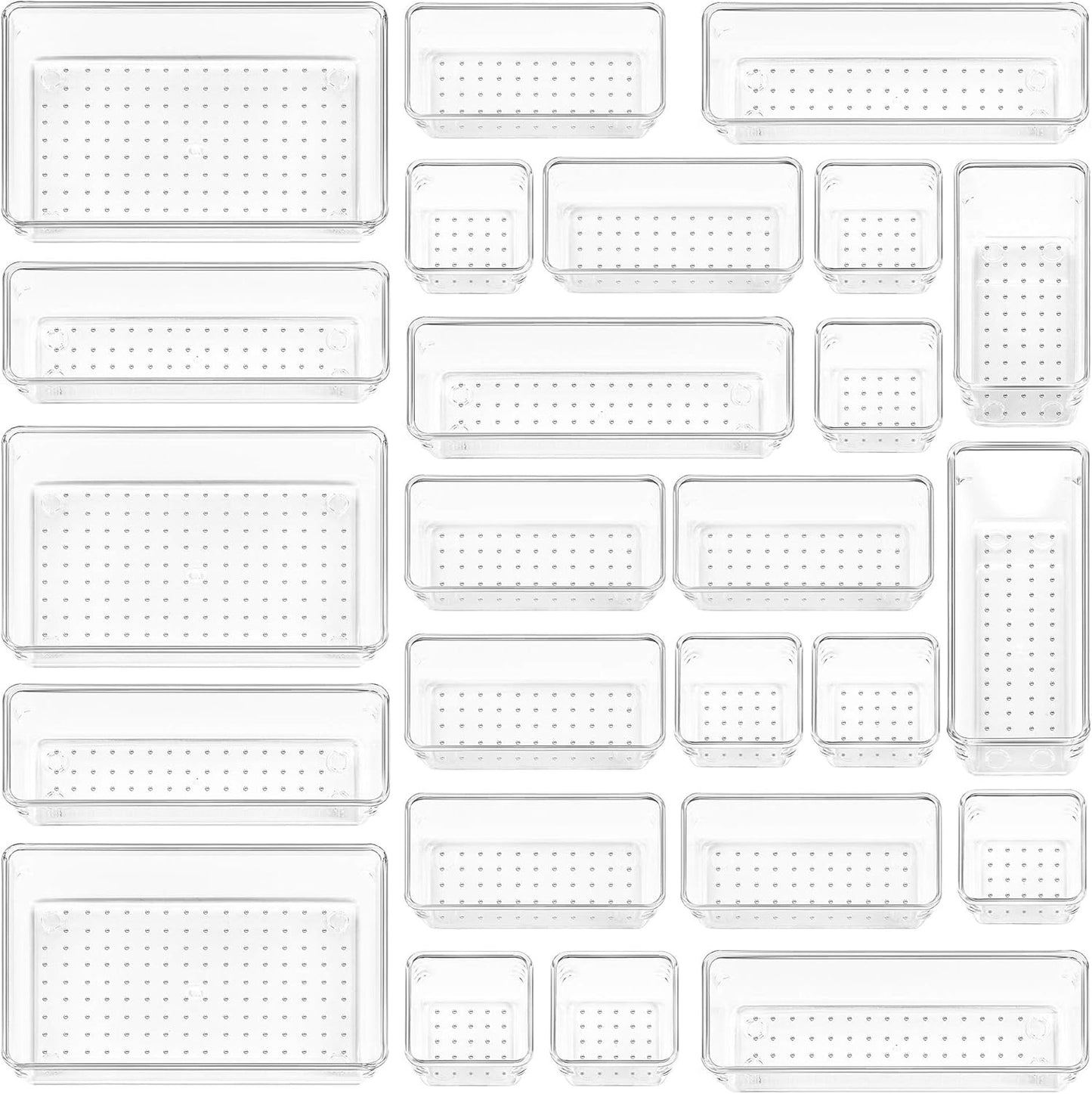 Vtopmart 25-Piece Clear Plastic Drawer Organizer Set – 4 Size Non-Slip Storage Bins for Bathroom, Kitchen, Makeup, Vanity & Office Drawers