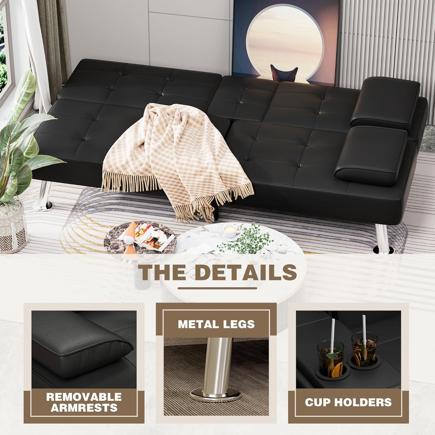 Homall Futon Sofa Bed, Leather Futon Couch with Removable Armrests, Adjustable Recliner Sleeper Sofa Bed with Dual Cup Holders for Living Room, Apartment, Office (Black)