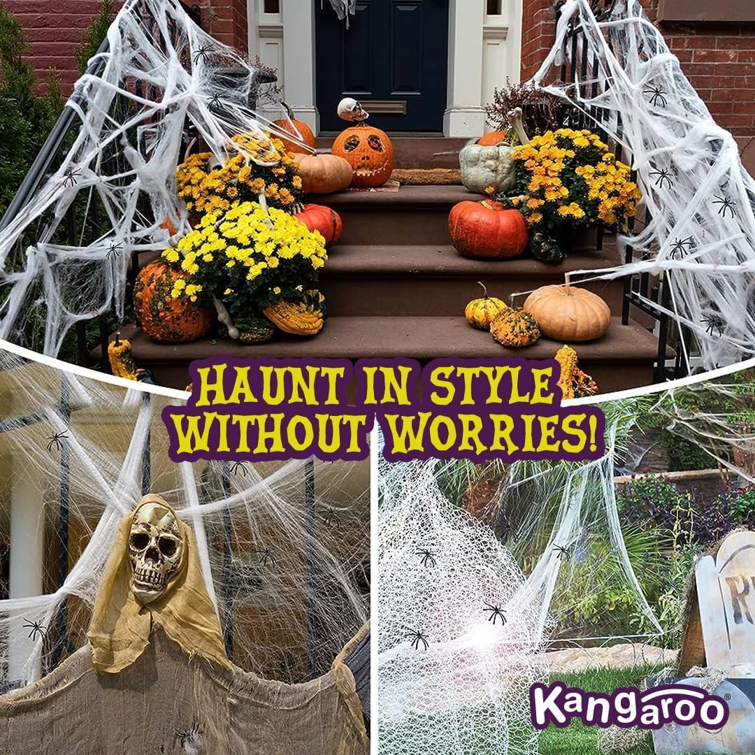 Kangaroo 200 sq. Ft Fake Spider Webs Decorations - Spiderweb Webbing Halloween Cobwebs Decor - Scary Halloween Decor Indoor Outdoor Party Wall, Graveyard Decoration Props - 4 Fake Spiders Included