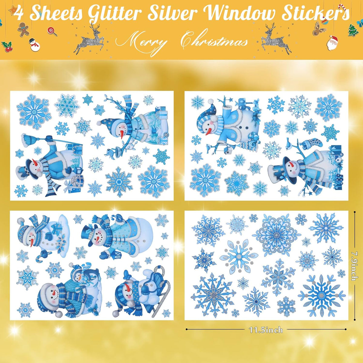 Christmas Window Clings for Glass Snowman Window Stickers Glitter Powder Craft Static Xmas Glitter Window Decals Xmas Snowflake Decals for Christmas Decorations Indoor 4 Sheets