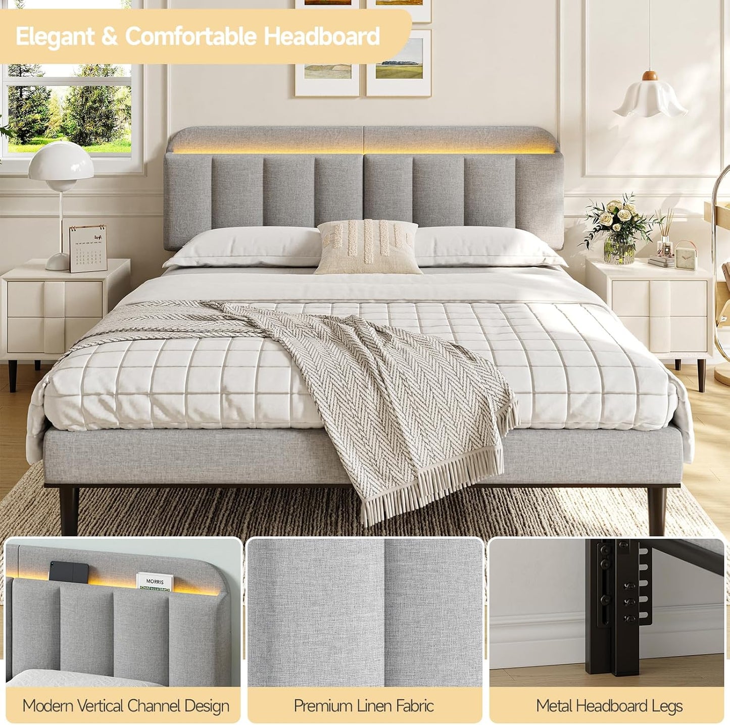 ONBRILL Adjustable Headboard for King/California King Size Bed Frame, Linen Fabric Bed Headboard with Storage & RGB LED Light in Modern Vertical Channel Design, Light Grey