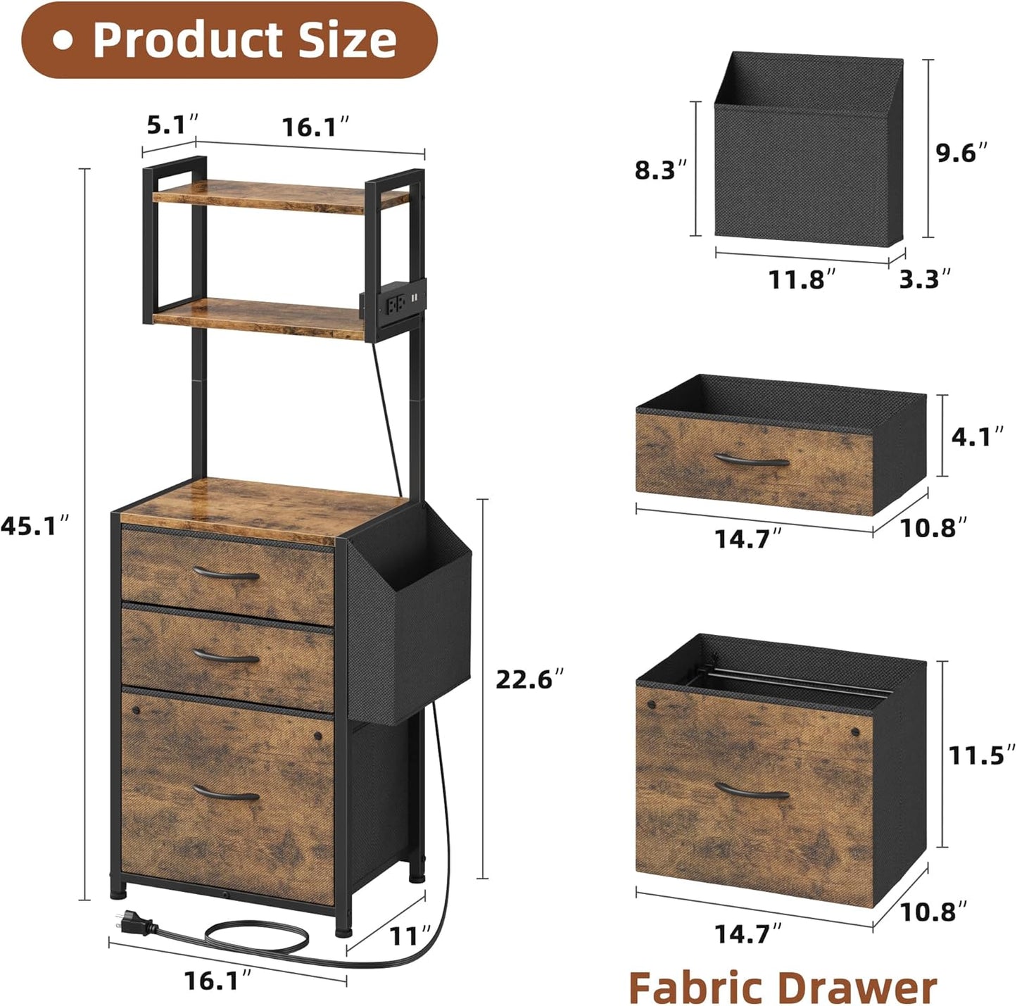 Small 3 Drawer File Cabinet with Charging Station, 45''H, 3-Tier Filing Cabinet for Home Office, 11''*16'' for Small Printer, Fabric Drawer Fits Letter/A4, Tall Printer Stand, Rustic Brown