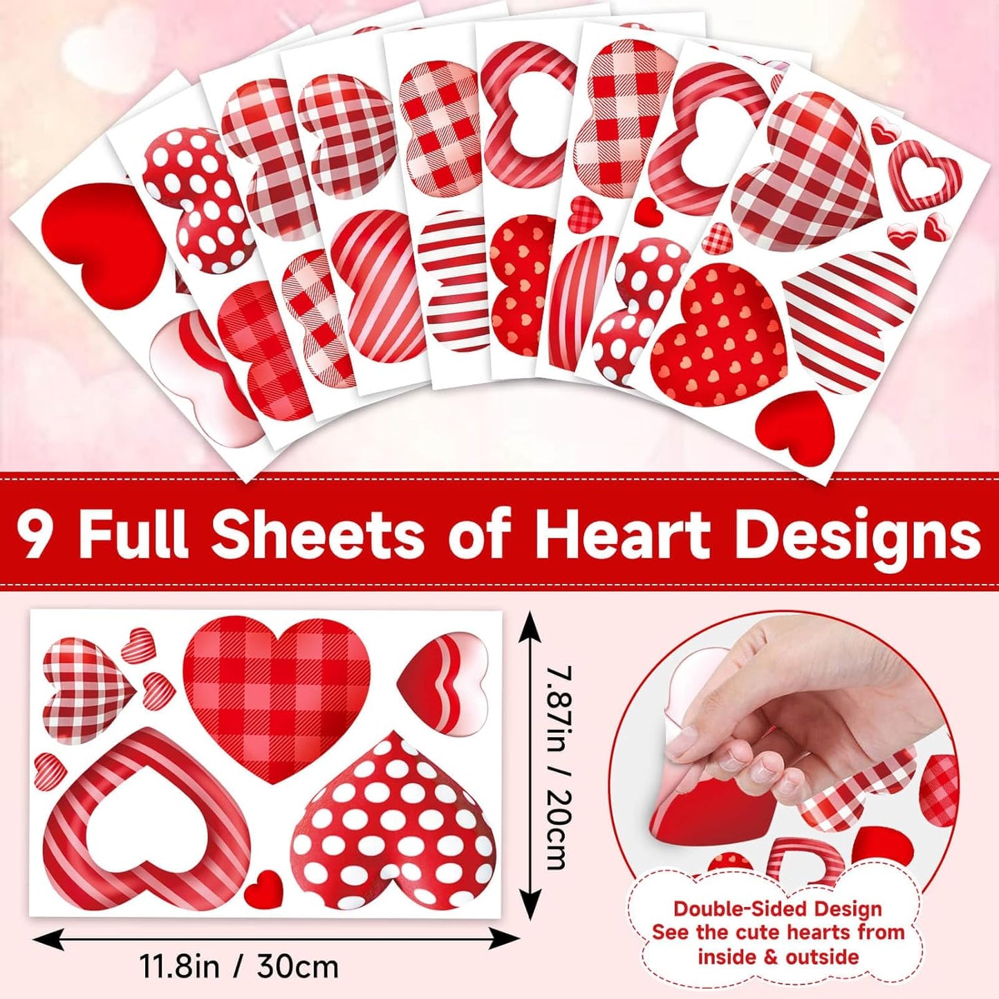 9 Sheets Valentines Day Window Clings Decor, Cute Heart Stickers for Galentines Day Decorations, Decals for Home Office Glass Windows