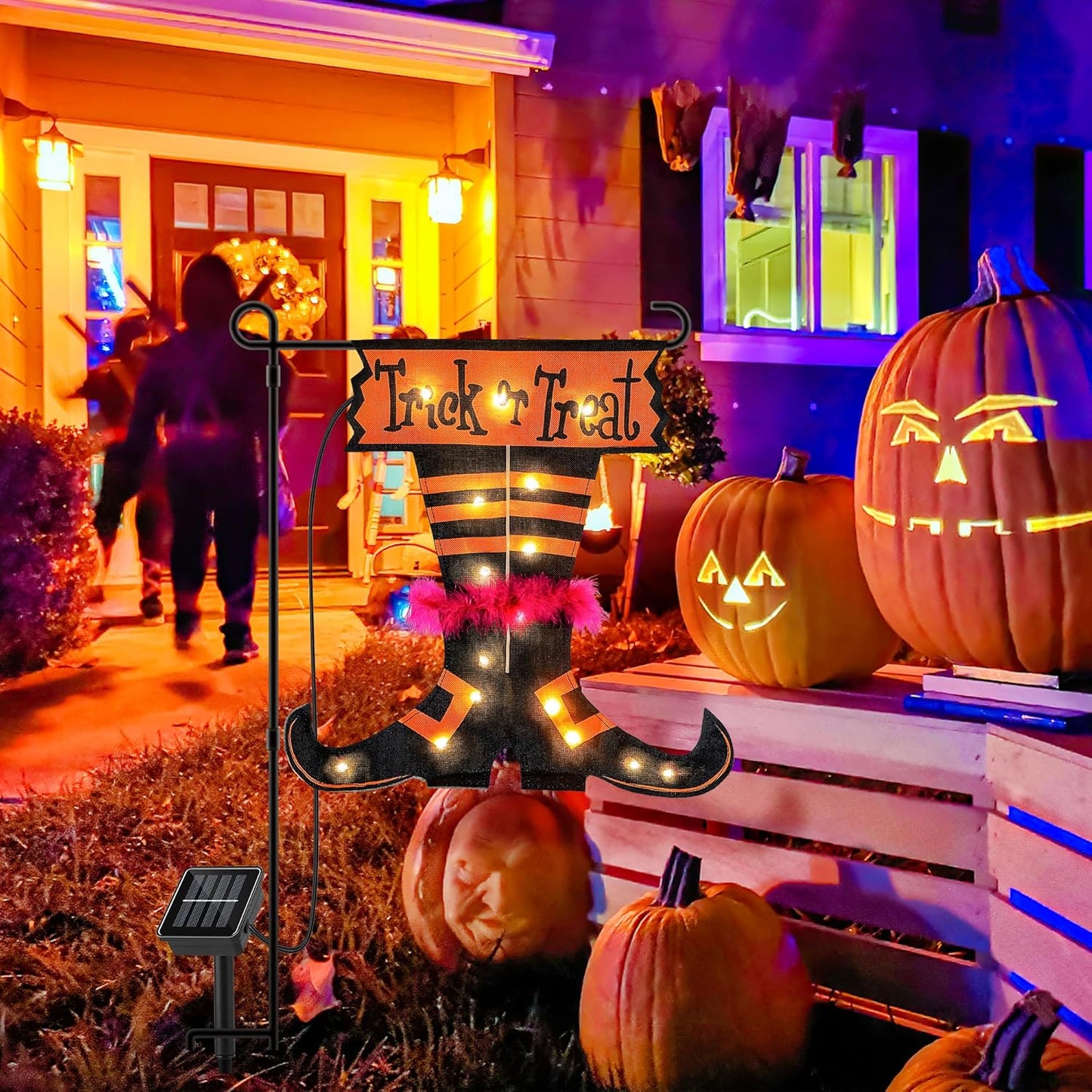 Halloween Trick Or Treat Graden Flag lights without flag pole, Double Sided Witch Feet Flag Banner 17.1*17.2Inch ,16 Warm White LED with 8modes Solar Panel, Decorations for Outdoor,Yard ,Home