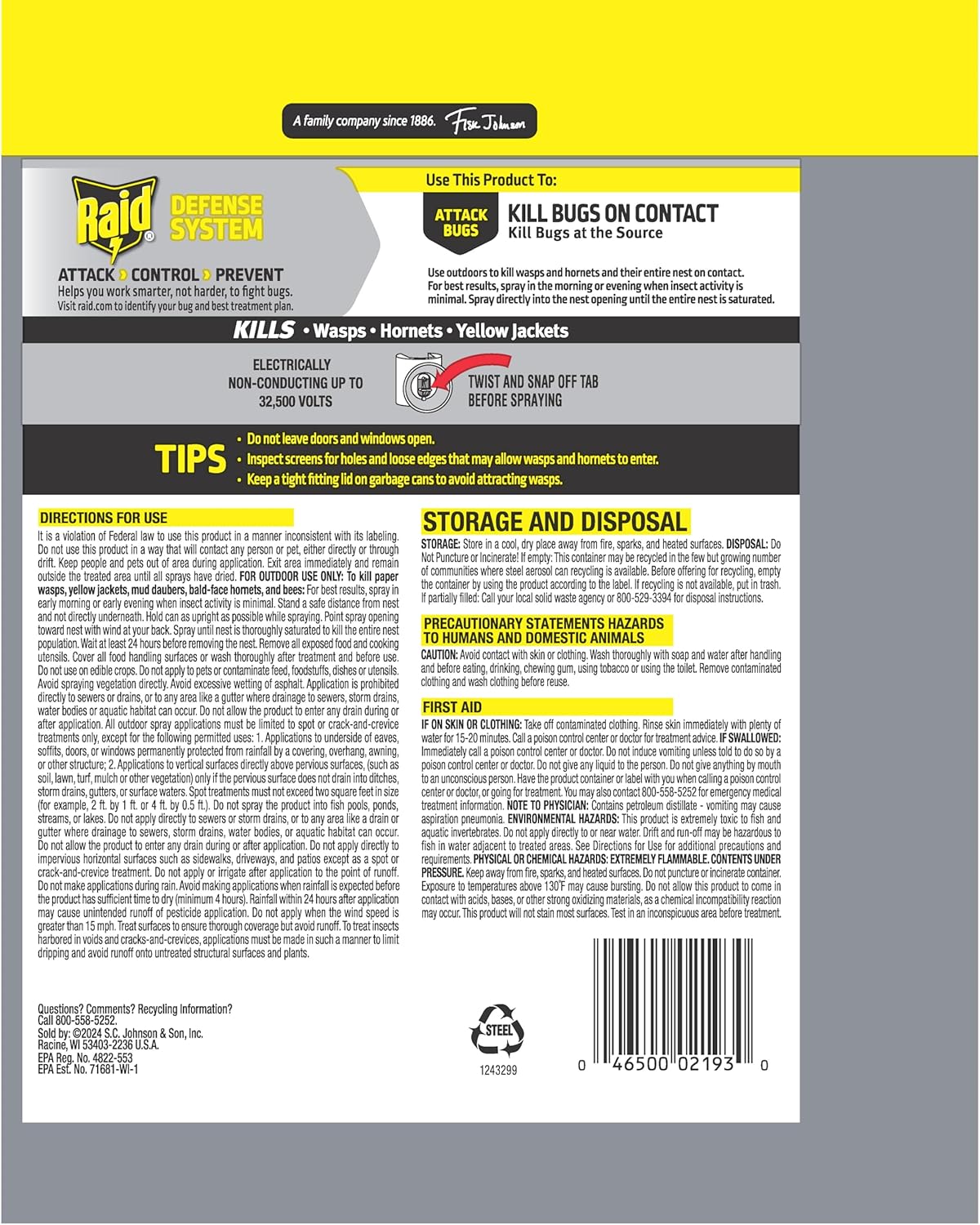 Raid Wasp & Hornet Killer Spray, Bug Killer Kills the Entire Nest, 14 Oz, 2 Count