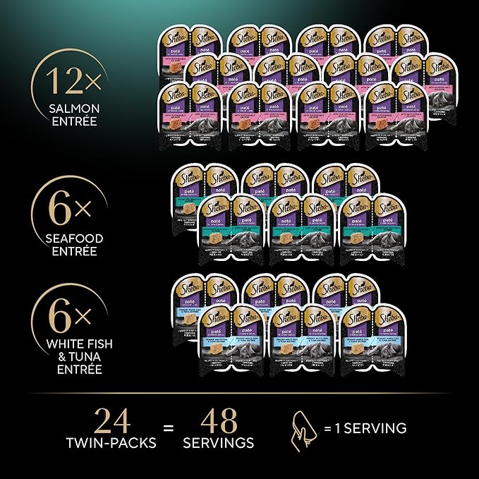 Sheba Perfect Portions Wet Cat Food Pate with Sustainable Salmon, Signature Seafood Entree, and Tender White Fish and Tuna Entree Variety Pack, 2.6 oz. Twin Pack Trays (24 Count, 48 Servings)