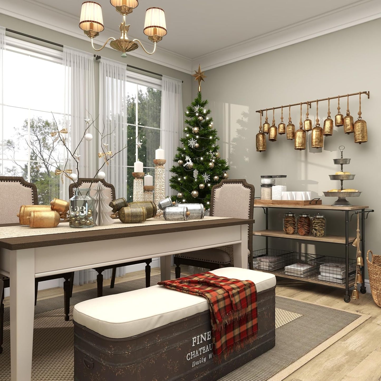 Deco 79 Metal Handmade Tibetan Inspired Decorative Cow Bells with 4 Bells on Jute Hanging Rope, 4" x 3" x 29", Gold