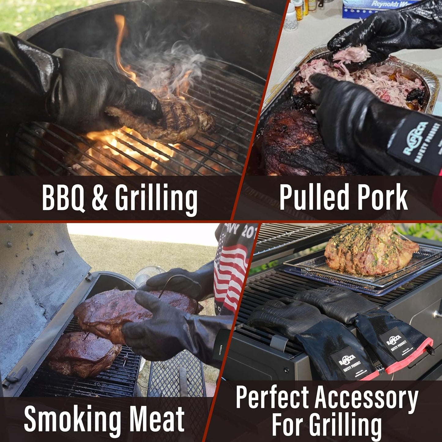 RAPICCA 932°F Heat Resistant BBQ Grill Gloves: Oil Resistant Waterproof for Smoking Grilling Cooking Barbecue Deep Frying Turkey Rotisserie Handling Hot Greasy Meat Stocking Stuffers - Long Sleeve