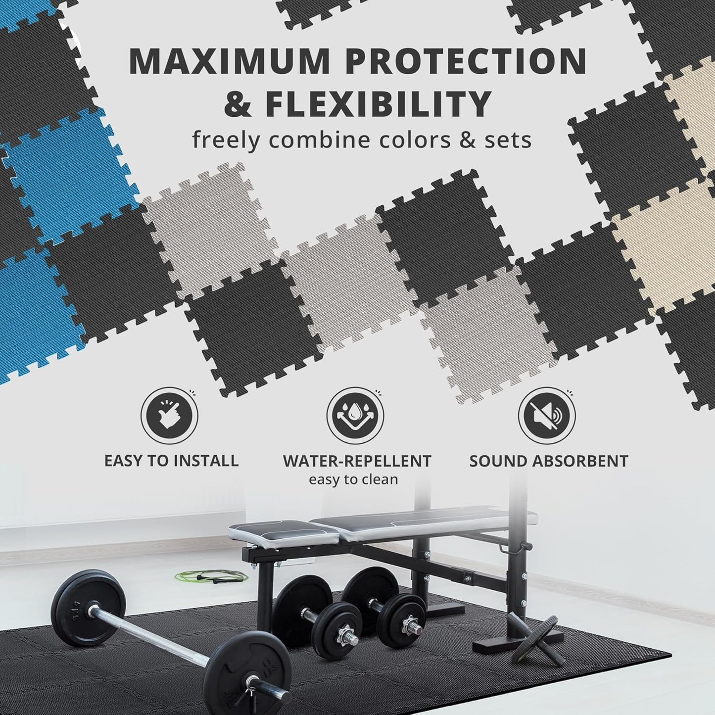 bemaxx Gym Mats Set - 18 pcs EVA Interlocking Foam Floor Tiles (12.6"x12.6"x0.4") 18sqft Protective Gym Flooring Sports Home Workout Exercise Mats Puzzle Garage Fitness Play-Room Garage Pool Treadmill