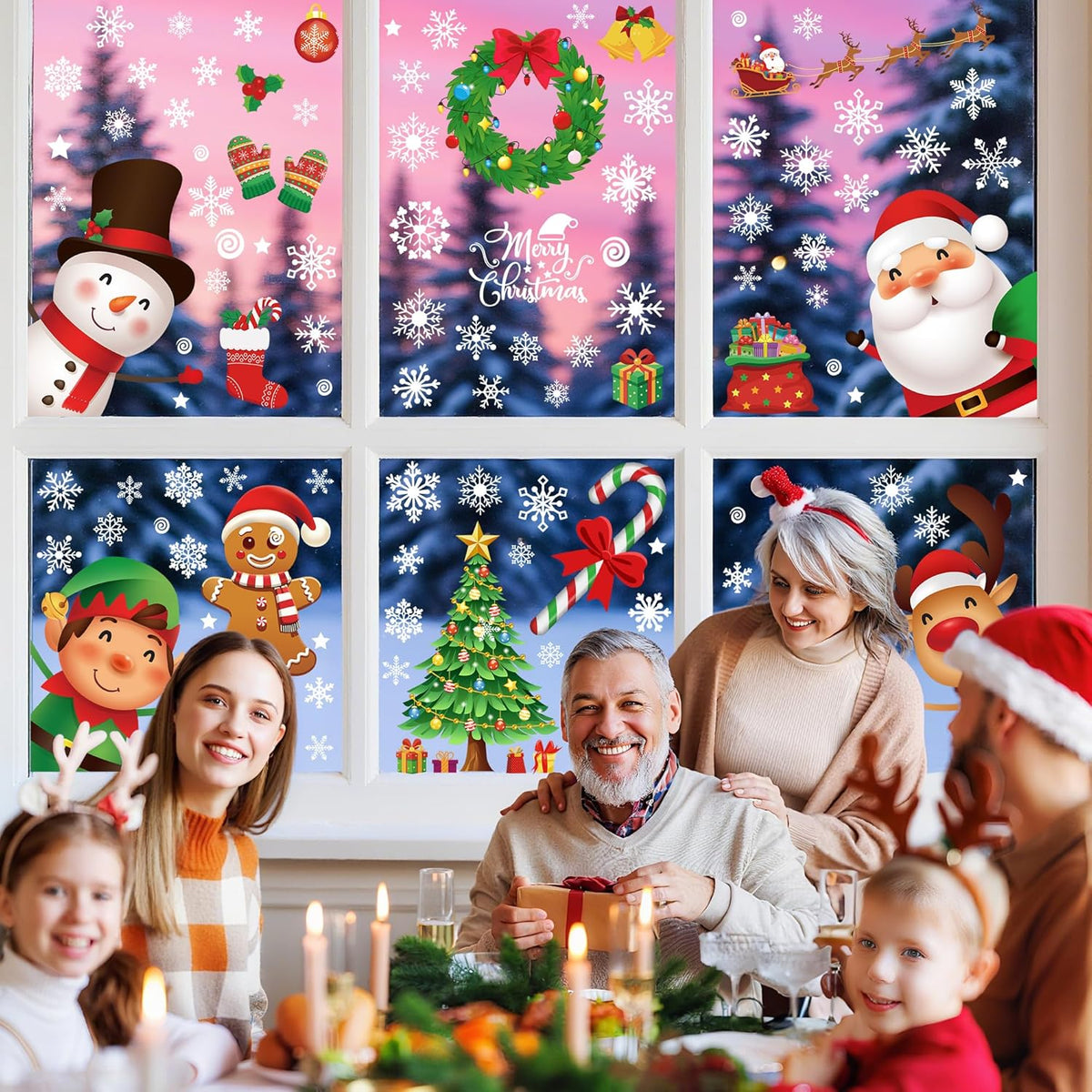 144 PCS Christmas Window Clings, Snowflake Window Clings for Stickers for Glass, Christmas Decorations Decals for Snowman Santa Claus Tree Reindeer Elf Winter Party Accessories Supplies Decor